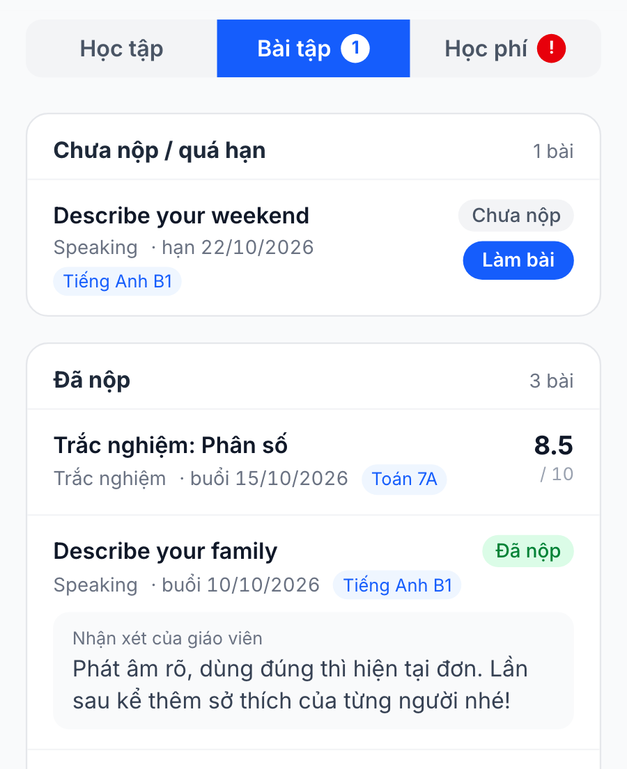 Phiếu liên lạc, tab Bài tập: bài chưa nộp kèm nút Làm bài, điểm trắc nghiệm và nhận xét Speaking của giáo viên