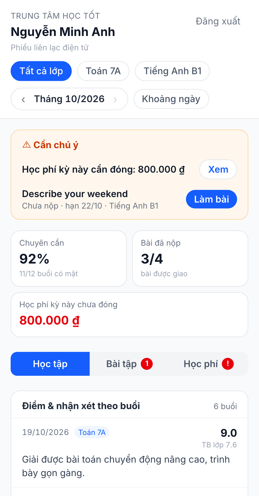 Phiếu liên lạc: mục Cần chú ý, chuyên cần, bài đã nộp, học phí kỳ này và nhận xét theo buổi